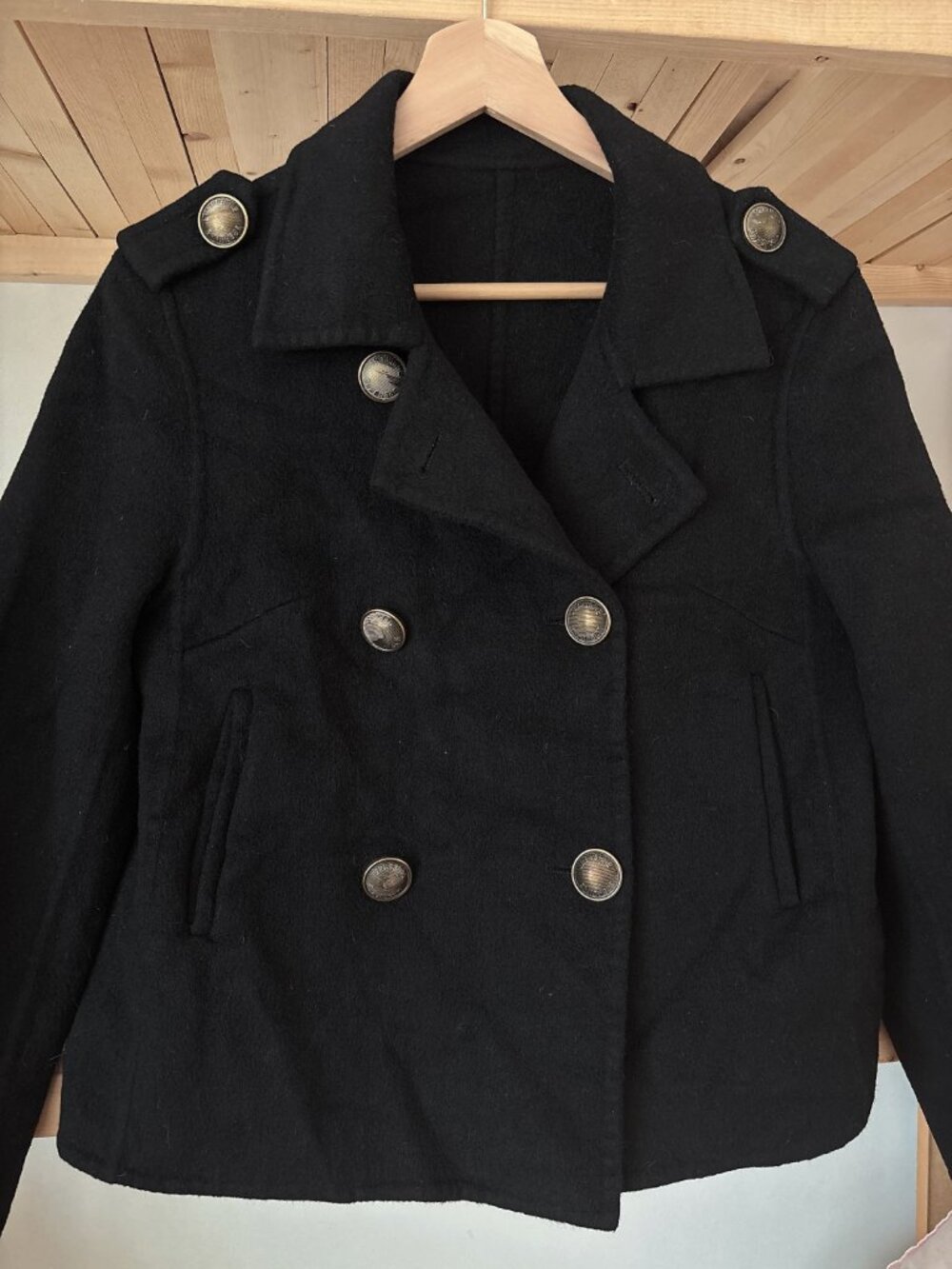 Black Wool Military-Style Cropped Coat